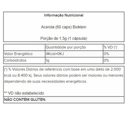 Acerola (60 caps) Bioklein tabela nutricional