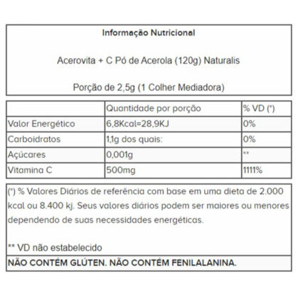 Acerovita + C Pó de Acerola (120g) Naturalis tabela nutricional