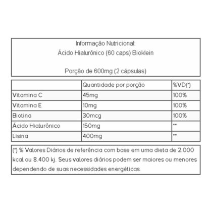 Ácido Hialurônico (60 caps) Tabela Nutricional Bioklein