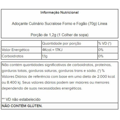 Adoçante Culinário Stevia Forno e Fogão (70g) Linea tabela nutricional