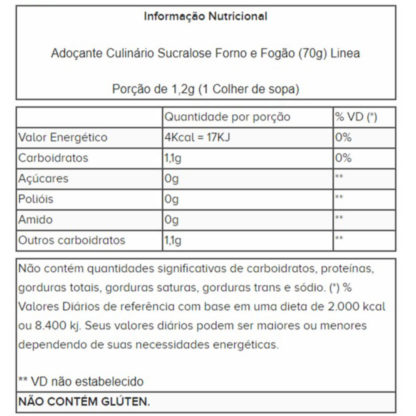 Adoçante Culinário Sucralose Forno e Fogão (70g) Linea tabela nutricional