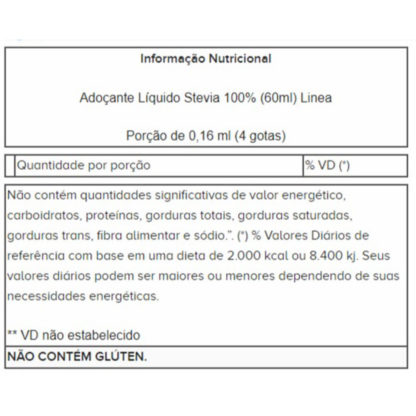 Adoçante Líquido Stevia 100% (60ml) Linea tabela nutricional