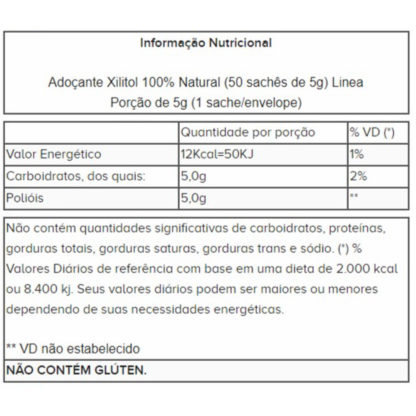 Adoçante Xilitol 100% Natural (50 sachês) Linea tabela nutricional