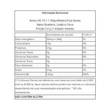 Tabela nutricional Amino HD 10:1:1 (300g) Atlhetica Pure Series