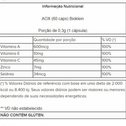AOX (60 caps) Bioklein tabela nutricional