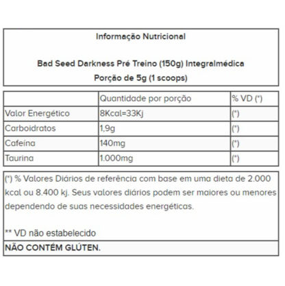 Bad Seed Darkness Pré Treino (150g) Integralmédica tabela nutricional