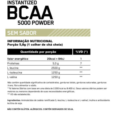 BCAA 5000 Powder (345g) Tabela Sem Sabor Optimum Nutrition