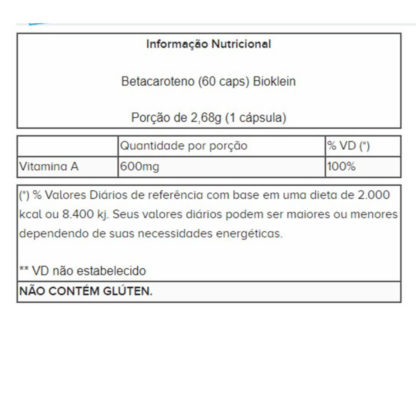 Betacaroteno (60 caps) Bioklein tabela nutricional