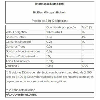 BioElas (60 caps) Bioklein tabela nutricional