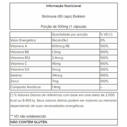 BioImune (60 caps) tabela nutricional Bioklein