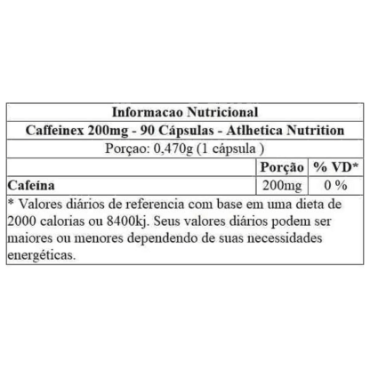 Caffeinex 200mg (90 caps) Atlhetica Nutrition Tabela Nutricional