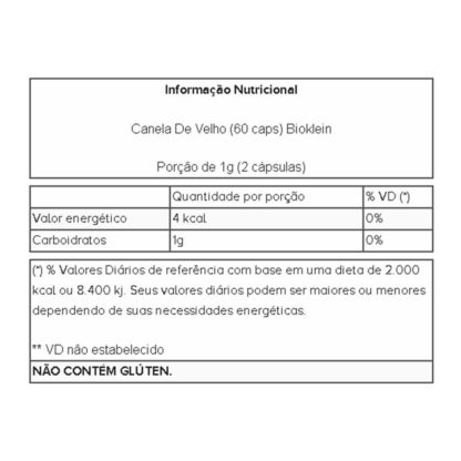 Canela De Velho (60 caps) Tabela Nutricional Bioklein