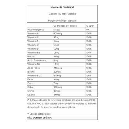Capilare (60 caps) Tabela Nutricional Bioklein