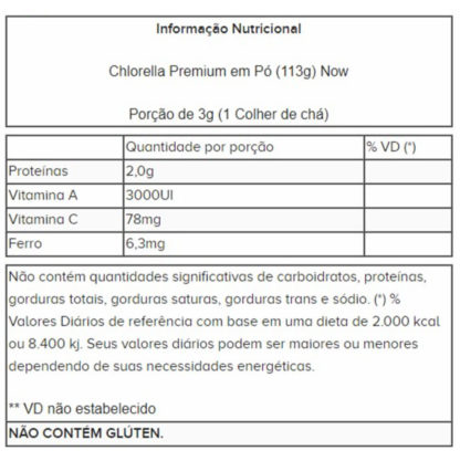 Chlorella Premium em Pó (113g) Now tabela nutricional