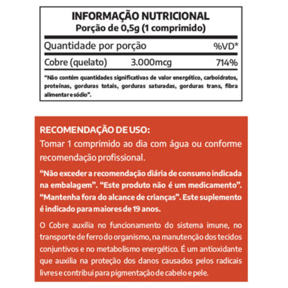 Cobre Quelato (60 tabs) Lauton Nutrition Tabela Nutricional