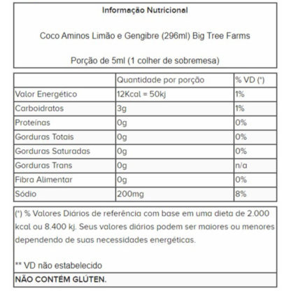 Coco Aminos Limão e Gengibre (296ml) Big Tree Farms tabela nutricional