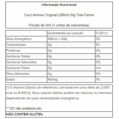 Coco Aminos Original (296ml) Big Tree Farms tabela nutricional