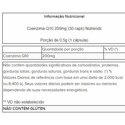 Coenzima Q10 200mg (30 caps) Nutrends tabela nutricional