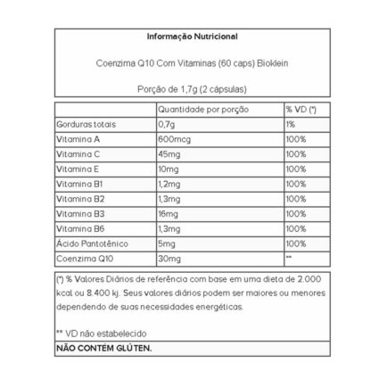 Coenzima Q10 Com Vitaminas (60 caps) Tabela Nutricional Bioklein