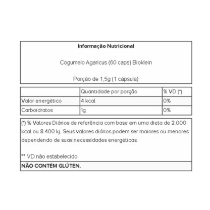 Cogumelo Agaricus (60 caps) Tabela Nutricional Bioklein
