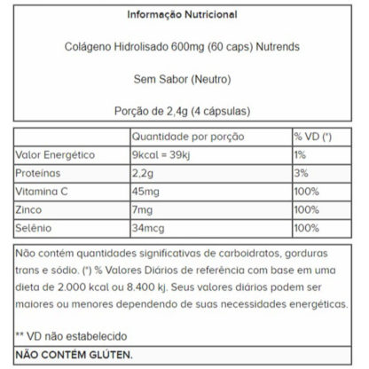 Colágeno Hidrolisado 600mg (60 caps) Nutrends tabela nutricional