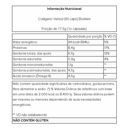Colágeno Verisol (60 caps) Tabela Nutricional Bioklein