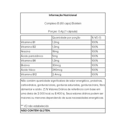 Complexo B 250mg (60 caps) Tabela Nutricional Bioklein