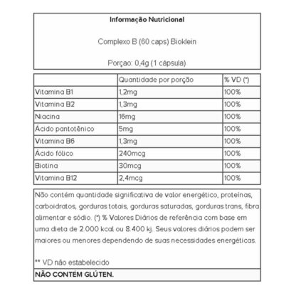 Complexo B (60 caps) Tabela Nutricional Bioklein
