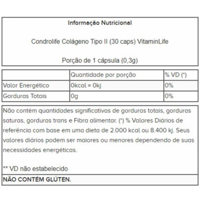 Condrolife Colágeno Tipo II (30 caps) VitaminLife tabela nutricional