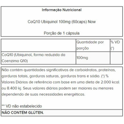 CoQ10 Ubiquinol 100mg (60 caps) Now tabela nutricional