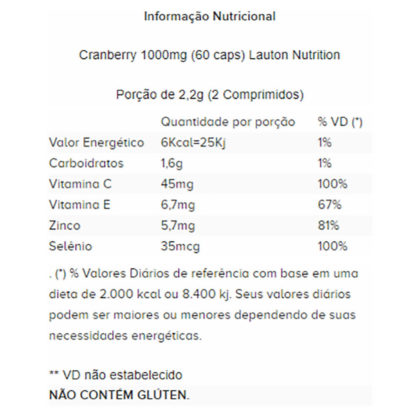 Cranberry 1000mg (60 caps) Tabela Nutricional Lauton Nutrition