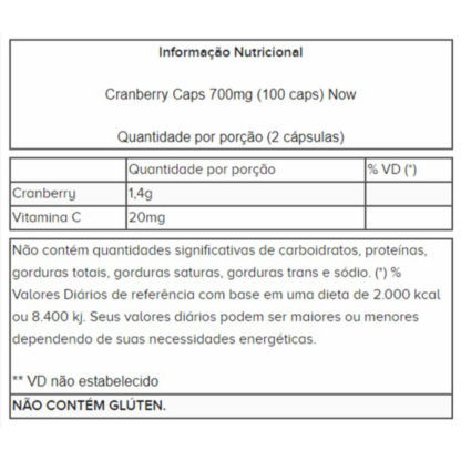 Cranberry Caps 700mg (100 caps) Now tabela nutricional