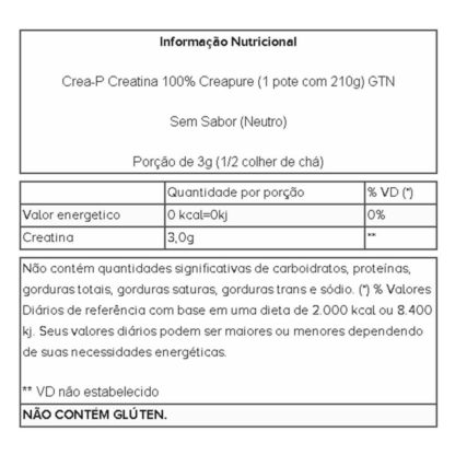 Crea-P Creatina 100% Creapure (210g) Tabela Nutricional GTN