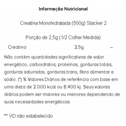 Creatina Monohidratada (500g) Tabela Nutricional Stacker 2