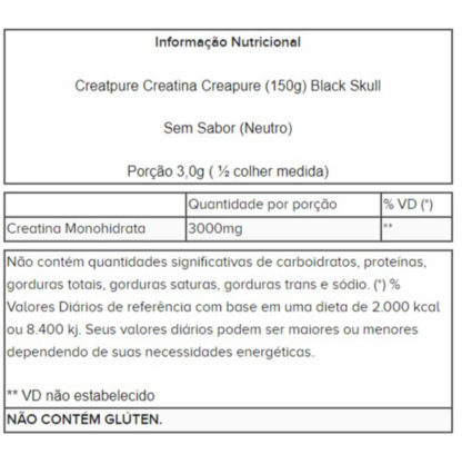 Creatpure Creatina Creapure (150g) Black Skull tabela nutricional
