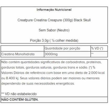 Creatpure Creatina Creapure (300g) Black Skull tabela nutricional