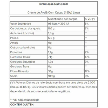 Creme de Avelã Com Cacau (150g) Linea tabela nutricional