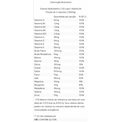 Diarium Multivitamins (120 caps) Tabela Nutricional VitaminLife