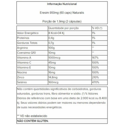 Eresim 950mg (60 caps) Naturalis tabela nutricional