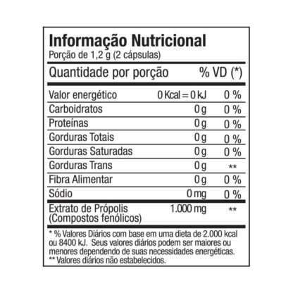 Extrato de Própolis 500mg (60 caps) Tabela Nutricional Fitoway