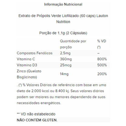 Extrato de Própolis Verde Liofilizado (60 caps) Tabela Nutricional Lauton Nutrition