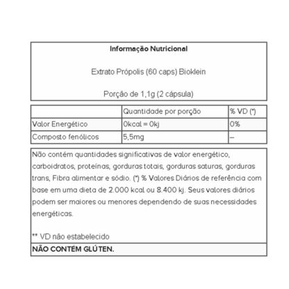 Extrato Própolis 550mg (60 caps) Tabela Nutricional Bioklein