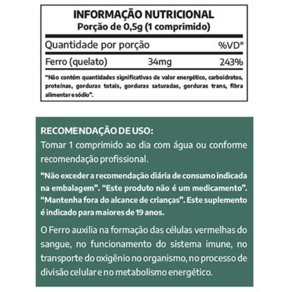 Ferro Quelato (60 tabs) Tabela Nutricional Lauton Nutrition