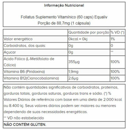 Follatus Suplemento Vitamínico (60 caps) Equaliv tabela nutricional