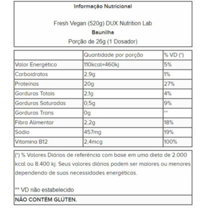 Fresh Vegan (520g) DUX Nutrition Lab tabela nutricional