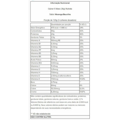 Gainer 6 Mass (3kg) Nutrata tabela nutricional