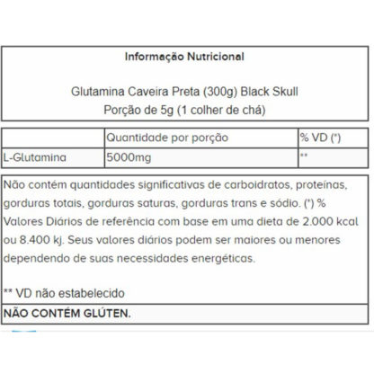 Glutamina Caveira Preta (300g) Black Skull tabela nutricional
