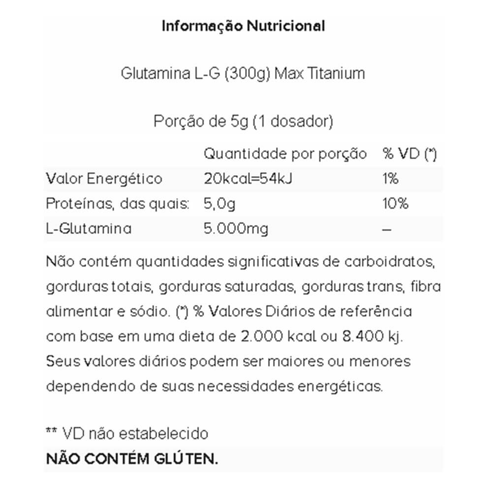 Blindão Suplementos - L-G (300g) Max Titanium é composto pelo aminoácido  glutamina, o mais abundante no plasma e nos tecidos do corpo. A glutamina é  utilizada na síntese de proteína e construção