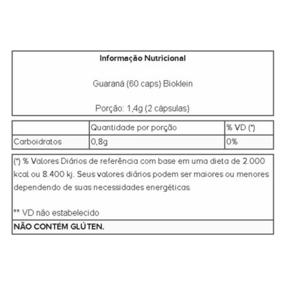 Guaraná (60 caps) Tabela Nutricional Bioklein