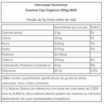Guaraná Cipó Orgânico (250g) MAD tabela nutricional